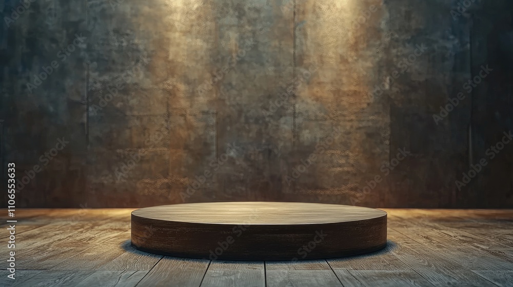 Wooden Platform Against a Rustic Wall with Soft Lighting Wooden Platform Against a Rustic Wall with Soft Lighting