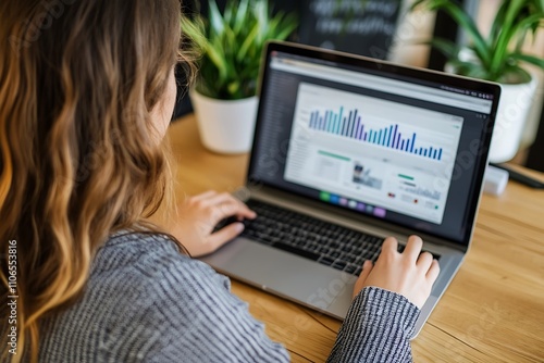 Woman analyzing data on laptop. Concept of business analysis, data analysis, and digital work.