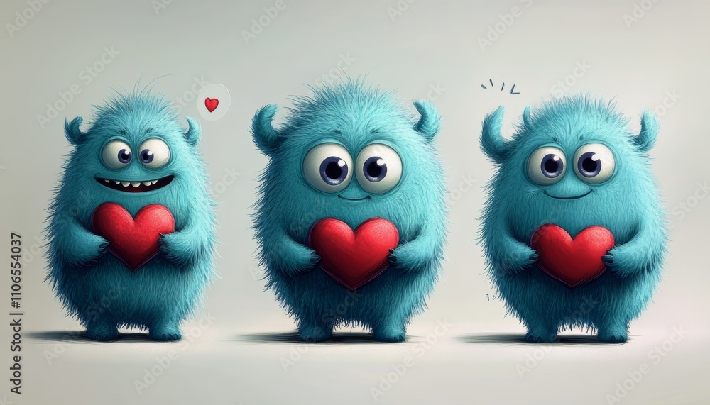 Fototapeta premium Adorable Blue Monsters Holding Hearts Cute Illustrations for Valentine's Day