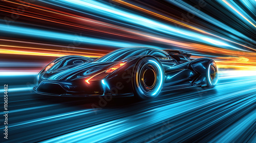 A sleek, futuristic car zooms at high speed on an abstract background with streaks of light and motion blur