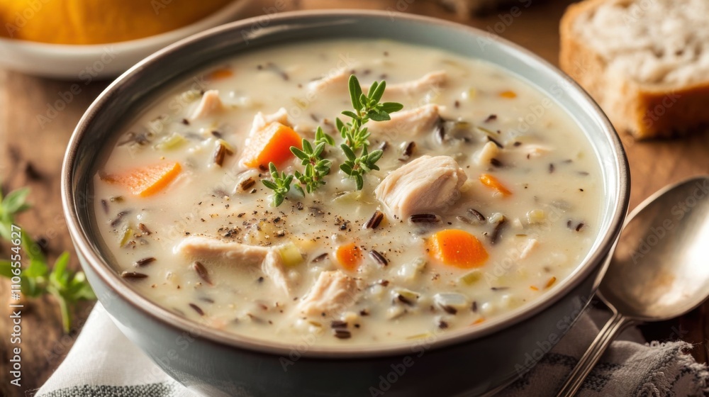 A bowl of creamy chicken and wild rice soup garnished with fresh thyme, Soup in bowl, Soft candlelight creating a cozy atmosphere A bowl of creamy chicken and wild rice soup garnished with fresh thyme, Soup in bowl, Soft candlelight creating a cozy atmosphere