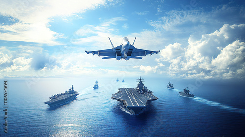 A fighter jet flying over the ocean with an aircraft carrier and ships in the background photo