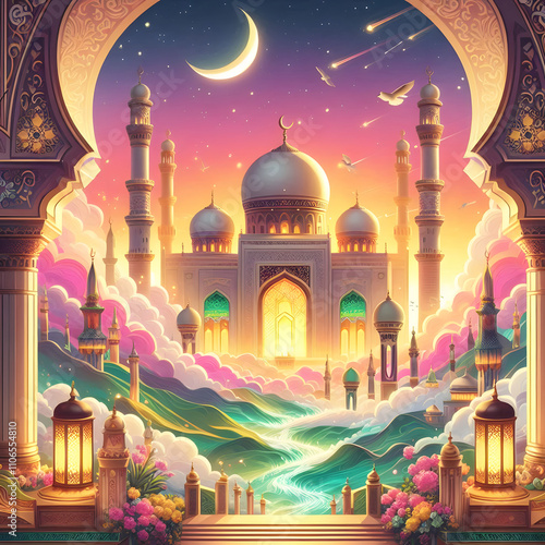 Beautiful Islamic Mosque Devine Spiritual Arabic Art HD Image. Muslim Masjid Concept Background for Whishing Happy Eid, Friday, Holy Ramadan, Good Morning, For Islamic Status or Posts Greetings Image. photo