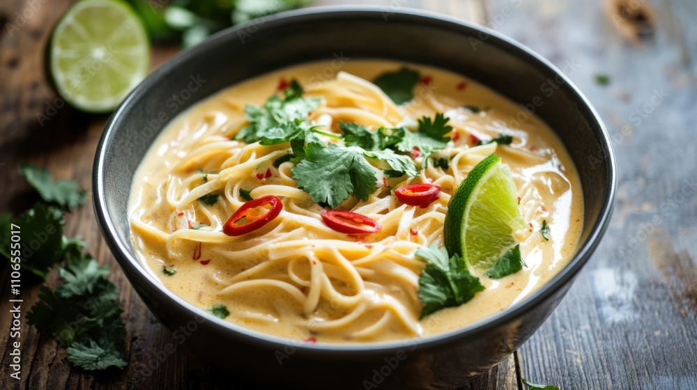 A bowl of creamy coconut curry noodles garnished with fresh cilantro and sliced red chili peppers, Coconut curry noodles bowl centered, Soft natural light highlighting its aromatic spices A bowl of creamy coconut curry noodles garnished with fresh cilantro and sliced red chili peppers, Coconut curry noodles bowl centered, Soft natural light highlighting its aromatic spices