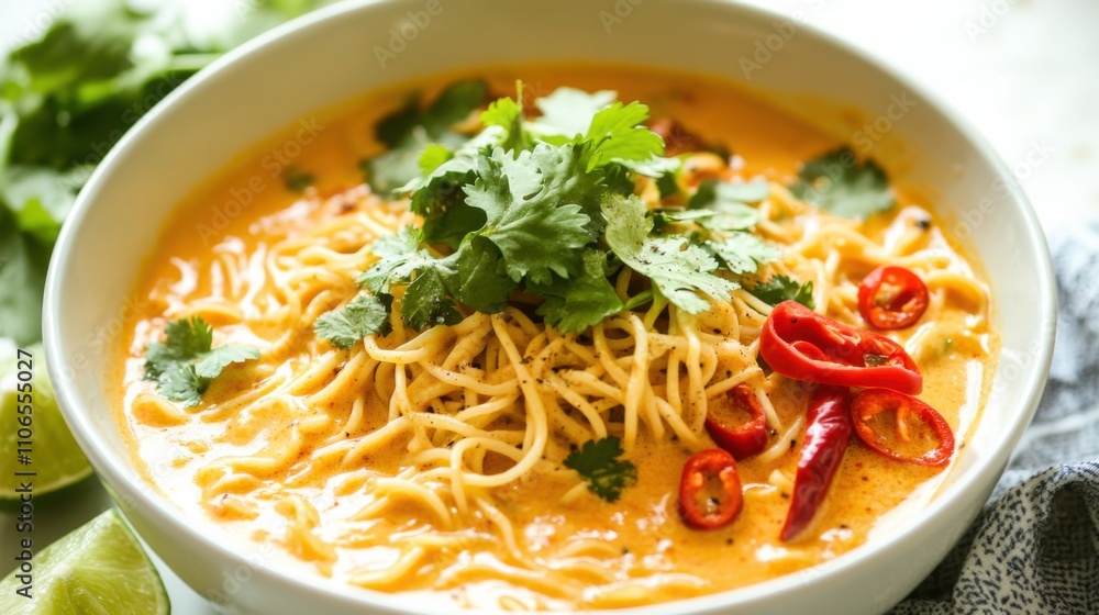 A bowl of creamy coconut curry noodles garnished with fresh cilantro and sliced red chili peppers, Coconut curry noodles bowl centered, Soft natural light highlighting its aromatic spices A bowl of creamy coconut curry noodles garnished with fresh cilantro and sliced red chili peppers, Coconut curry noodles bowl centered, Soft natural light highlighting its aromatic spices
