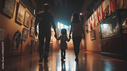 A young girl holding her parent s hand as they walk into a museum gallery adorned with historical flags and relics. 4k resolution, Cinematic Scene photo