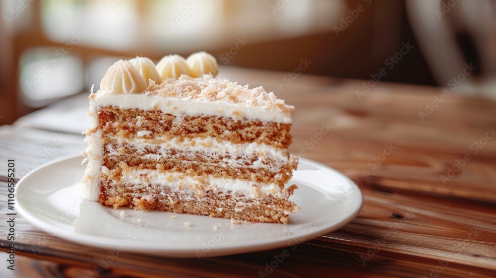 Coconut Taro Cake on White Plate with Copy Space on Wooden Table Coconut Taro Cake on White Plate with Copy Space on Wooden Table