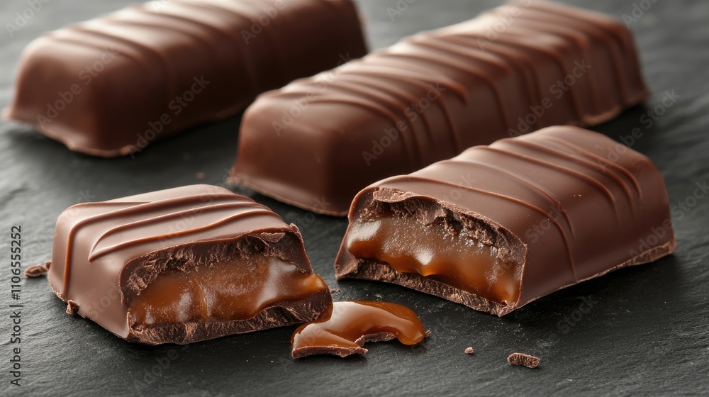 Rich Chocolate Bars with Caramel Filling on Black Slate Background Rich Chocolate Bars with Caramel Filling on Black Slate Background