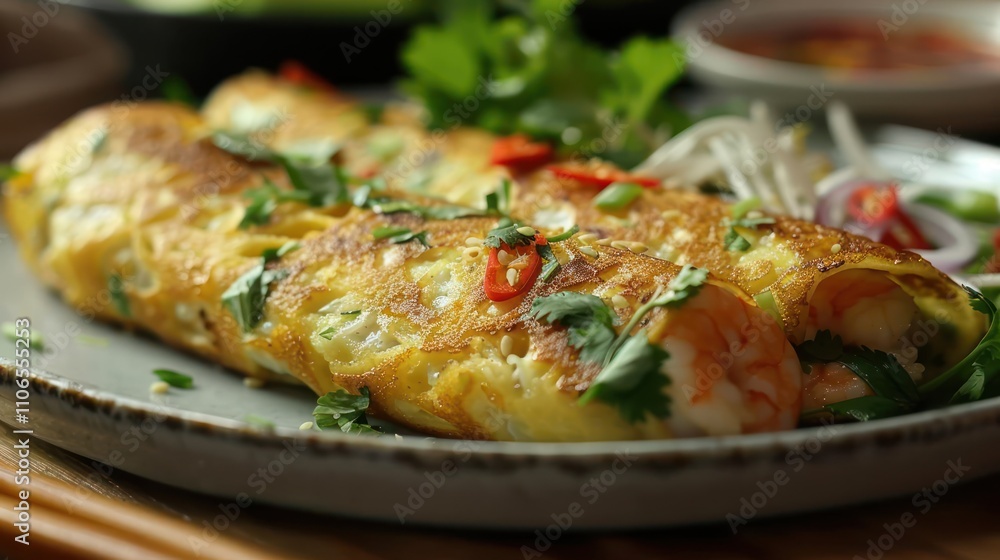 A delicious plate of shrimp omelette garnished with herbs and chilies, served with sauce. A delicious plate of shrimp omelette garnished with herbs and chilies, served with sauce.