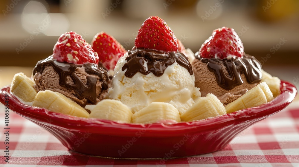 Delicious Ice Cream Sundae with Bananas and Fresh Strawberries Delicious Ice Cream Sundae with Bananas and Fresh Strawberries