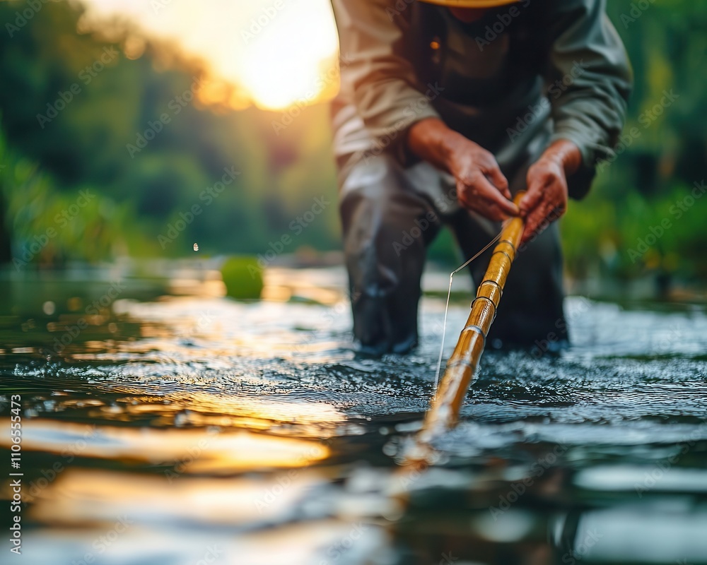 A fisherman using a bamboo pole for handline fishing, gentle ripples, and warm daylight A fisherman using a bamboo pole for handline fishing, gentle ripples, and warm daylight