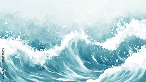 Abstract Watercolor Painting of Ocean Waves Crashing