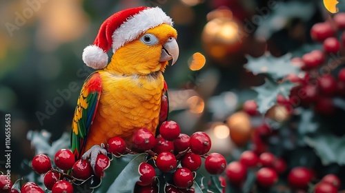 Adorable parrot perched on a lush green holiday branch decorated with colorful ornaments wearing a tiny Santa hat and bringing a touch of festive cheer photo