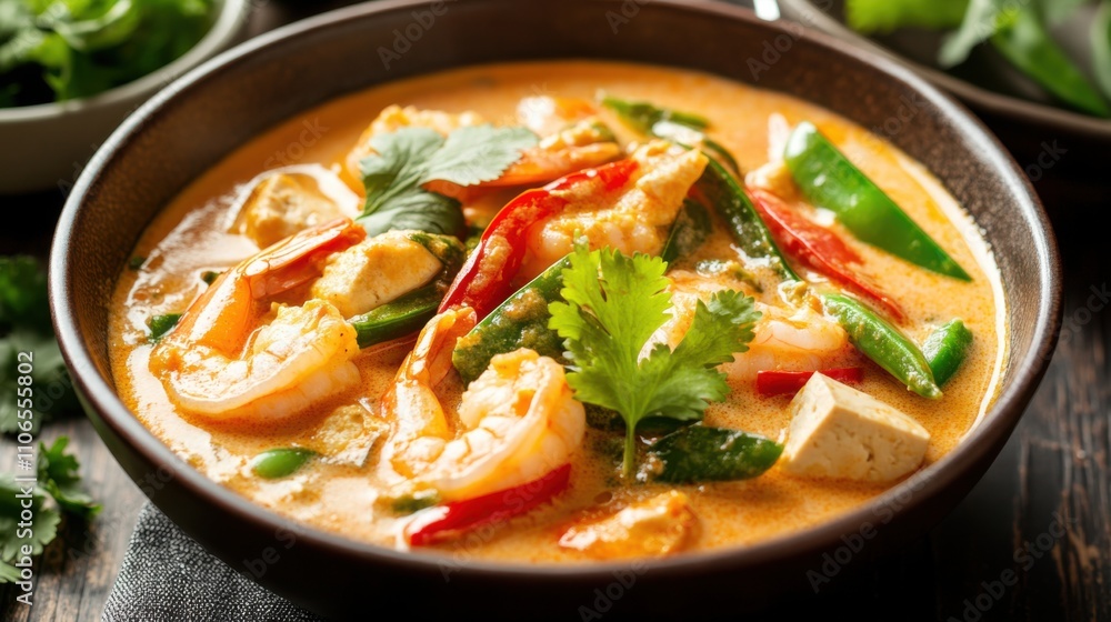 A bowl of creamy coconut curry soup filled with shrimp, tofu, bell peppers A bowl of creamy coconut curry soup filled with shrimp, tofu, bell peppers