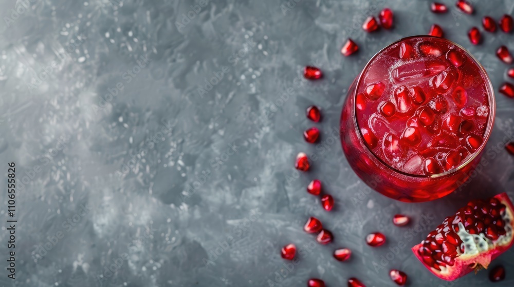 Glass of red pomegranate cocktails with seeds on gray background