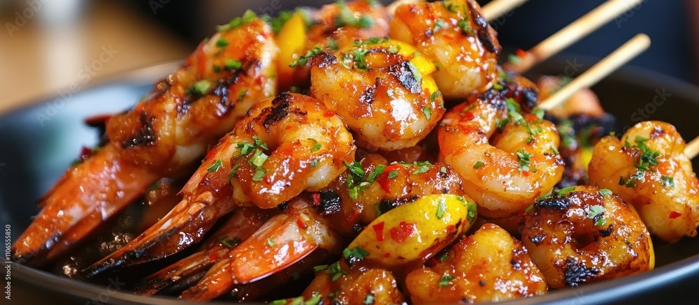 Juicy prawn satay skewers grilled to perfection, served with a tangy citrus sauce, tropical setting Juicy prawn satay skewers grilled to perfection, served with a tangy citrus sauce, tropical setting