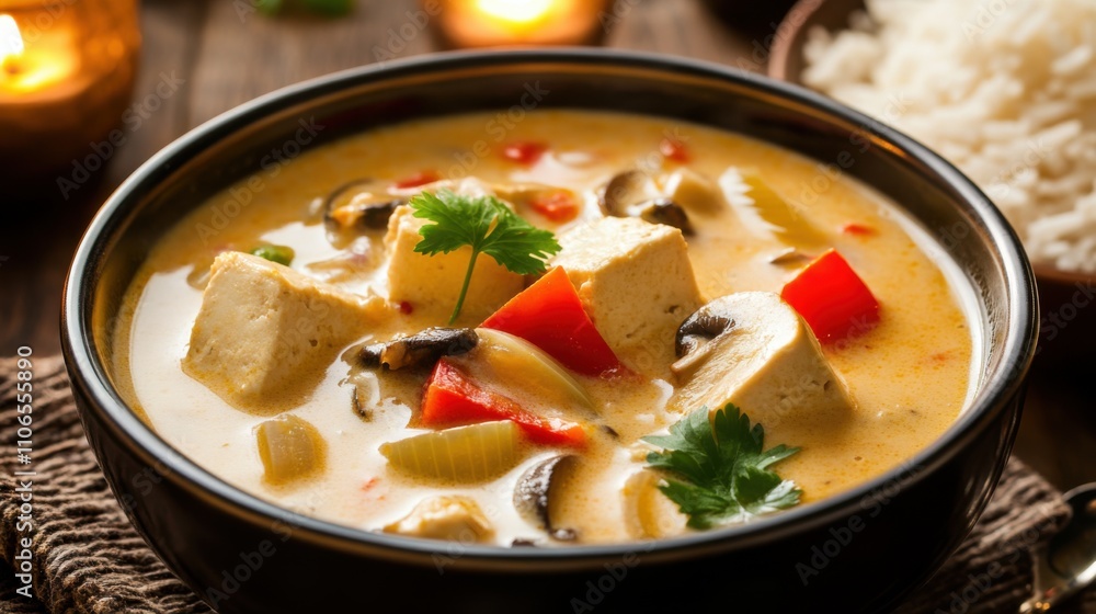 A bowl of creamy coconut curry soup filled with tofu, mushrooms, and bell peppers A bowl of creamy coconut curry soup filled with tofu, mushrooms, and bell peppers