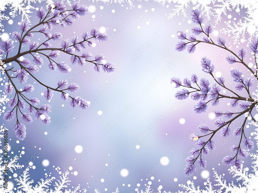 Obraz premium Delicate frosty branches with lavender blossoms in a soft winter background, digital illustration of nature concept.