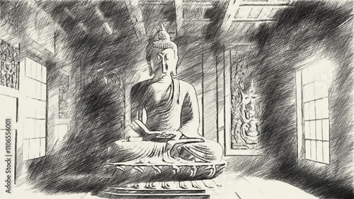 black and white of buddha statue in temple