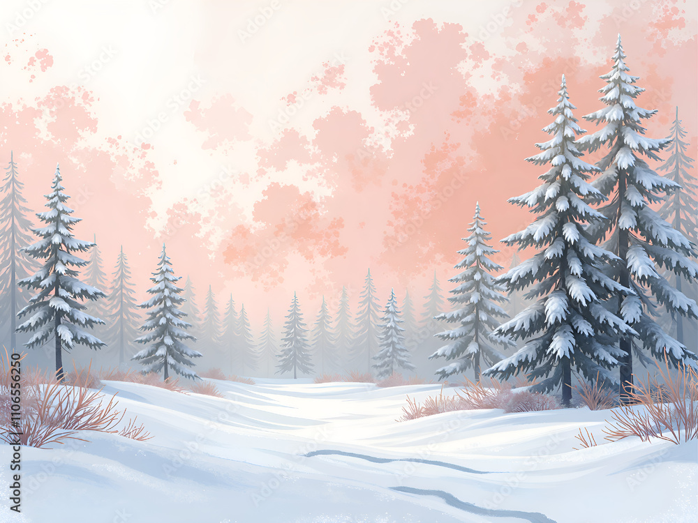 A serene winter landscape with snow covered trees and a soft pink sky, digital painting of nature landscape concept. A serene winter landscape with snow covered trees and a soft pink sky, digital painting of nature landscape concept.