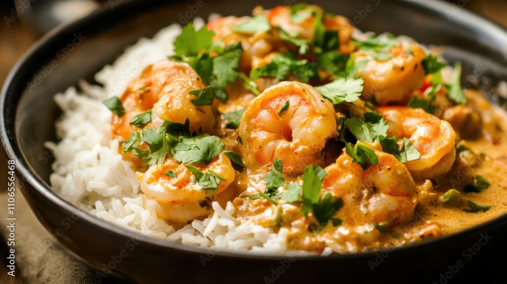 A bowl of creamy coconut shrimp curry served over steamed jasmine rice, Coconut shrimp curry bowl centered, Soft ambient lighting accentuating its aromatic spices A bowl of creamy coconut shrimp curry served over steamed jasmine rice, Coconut shrimp curry bowl centered, Soft ambient lighting accentuating its aromatic spices