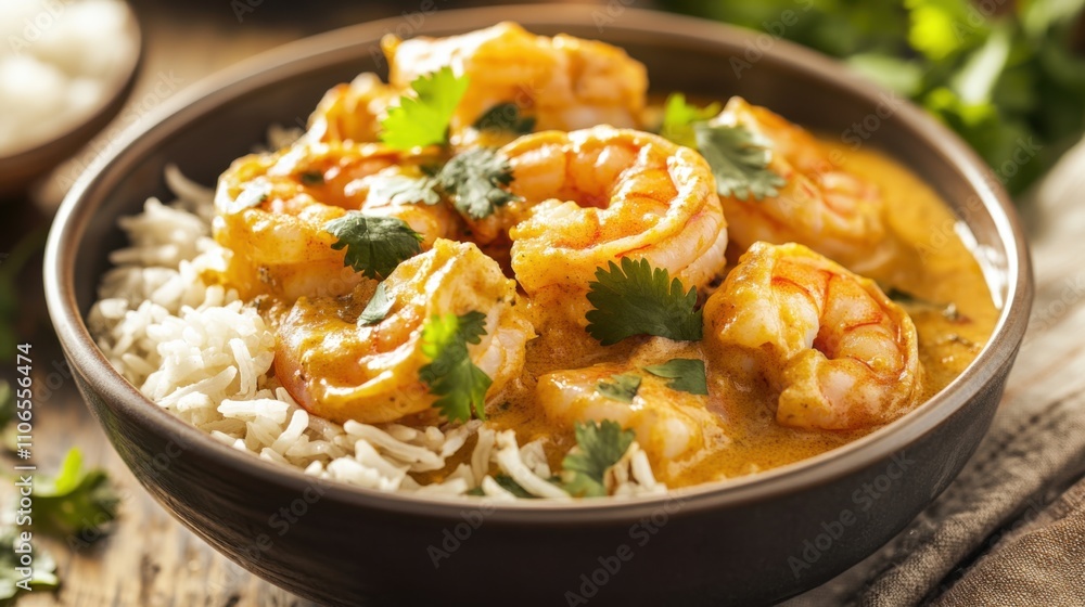 A bowl of creamy coconut shrimp curry served over steamed jasmine rice, Coconut shrimp curry bowl centered, Soft ambient lighting accentuating its aromatic spices A bowl of creamy coconut shrimp curry served over steamed jasmine rice, Coconut shrimp curry bowl centered, Soft ambient lighting accentuating its aromatic spices