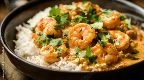 A bowl of creamy coconut shrimp curry served over steamed jasmine rice, Coconut shrimp curry bowl centered, Soft ambient lighting accentuating its aromatic spices