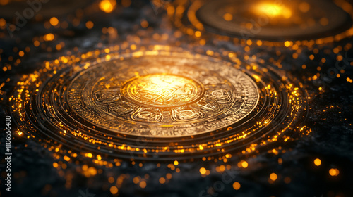 Wallpaper Mural Ancient gold medallion digital art illuminated patterns tech-inspired close-up view ai generated concept Torontodigital.ca