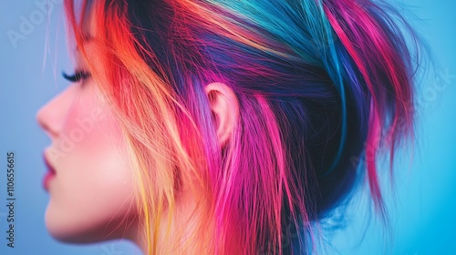 A woman with rainbow colored hair looks towards the camera.