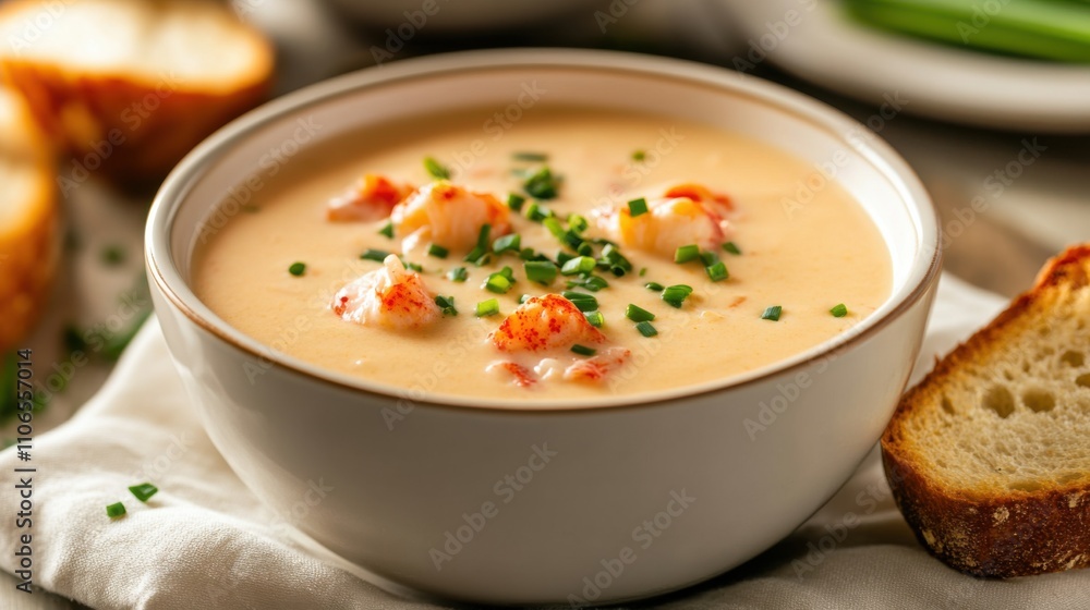 A bowl of creamy lobster bisque garnished with a drizzle of truffle oil and chopped chives, Soup centered, Soft candlelight creating a cozy ambiance A bowl of creamy lobster bisque garnished with a drizzle of truffle oil and chopped chives, Soup centered, Soft candlelight creating a cozy ambiance