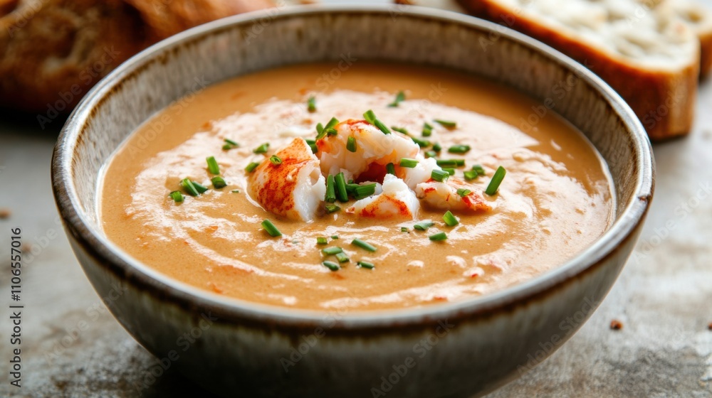 A bowl of creamy lobster bisque garnished with a drizzle of truffle oil and chopped chives, Soup centered, Soft candlelight creating a cozy ambiance A bowl of creamy lobster bisque garnished with a drizzle of truffle oil and chopped chives, Soup centered, Soft candlelight creating a cozy ambiance