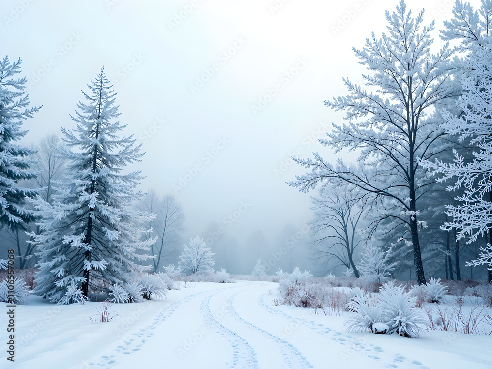 Obraz premium Luminous path through a snowy forest in winter fog, photography of landscape concept.