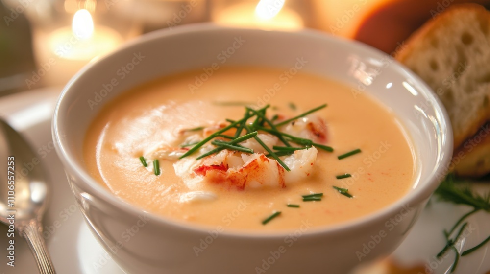 A bowl of creamy lobster bisque garnished with chives, Bisque in bowl, Soft candlelight creating an intimate dining atmosphere A bowl of creamy lobster bisque garnished with chives, Bisque in bowl, Soft candlelight creating an intimate dining atmosphere