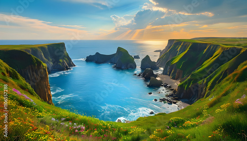 Vibrant Coastal Cliffs Under Clear Sky With Wildflowers