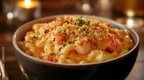 A bowl of creamy lobster macaroni and cheese topped with breadcrumbs, Mac and cheese in bowl, Soft candlelight creating an intimate dining atmosphere