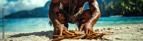 Indigenous spearfisher preparing gear on the beach, traditional tools, vivid tropical backdrop photo