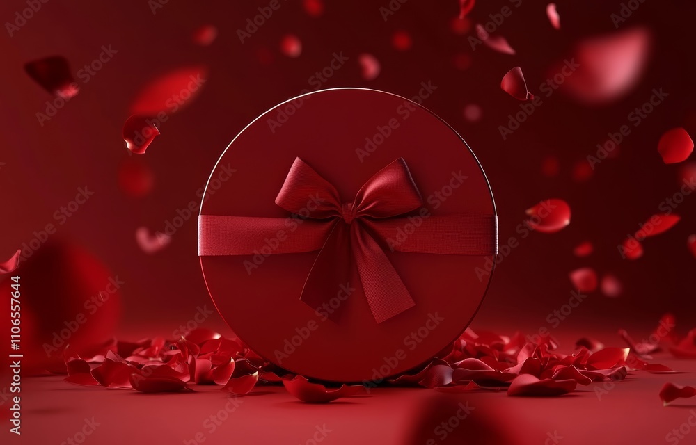 Open Red Gift Box with Ribbon Bow and Floating Rose Petals for Valentine's Day Celebration Open Red Gift Box with Ribbon Bow and Floating Rose Petals for Valentine's Day Celebration