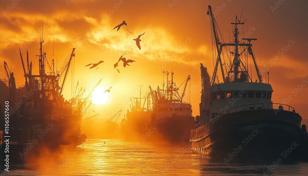 Fototapeta premium Industrial fishing port at sunrise, trawlers lined up with workers unloading catch, warm natural light