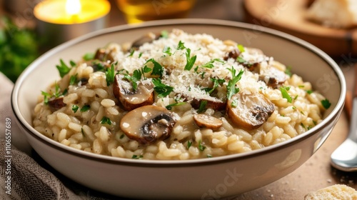 A bowl of creamy mushroom risotto garnished with freshly grated Parmesan cheese and chopped parsley, Risotto in bowl, Soft candlelight creating an elegant ambiance