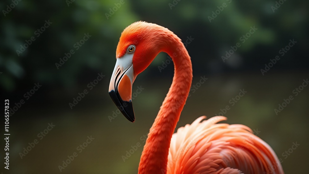 Obraz premium A stunning close-up of a flamingo, showcasing its graceful neck and bright plumage with a soft, blurred background that emphasizes its elegance.