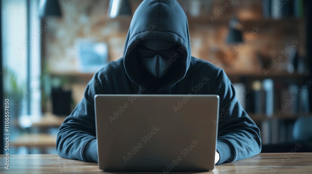 A hooded figure in a mask is sitting at a desk and working on a laptop. A hooded figure in a mask is sitting at a desk and working on a laptop.