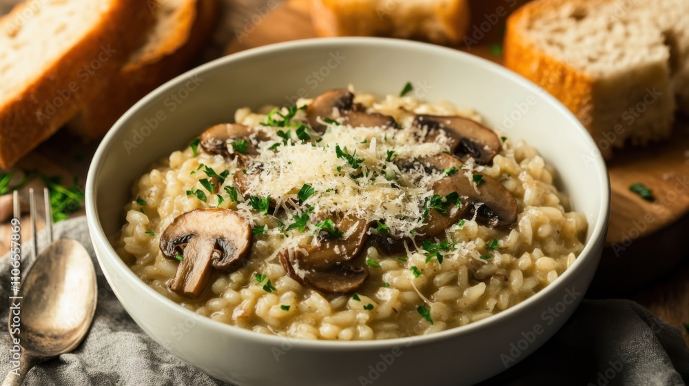 A bowl of creamy mushroom risotto garnished with freshly grated Parmesan cheese, Risotto in bowl, Soft candlelight creating an elegant ambiance A bowl of creamy mushroom risotto garnished with freshly grated Parmesan cheese, Risotto in bowl, Soft candlelight creating an elegant ambiance