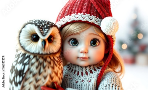 owl christmas Cute little girl in christmas sweater and knitted hat on white background  animal, decoration, season, bird photo