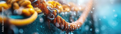 Longline fishing hooks being prepared by a crew, intricate details, and vibrant deck light photo