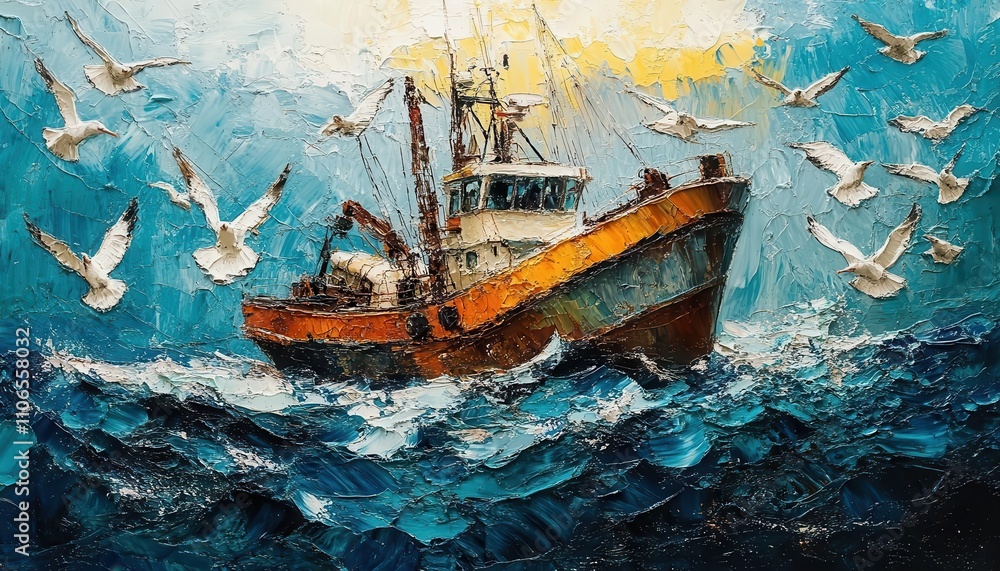 Longline fishing vessel surrounded by seagulls, vibrant blue ocean, and warm tones