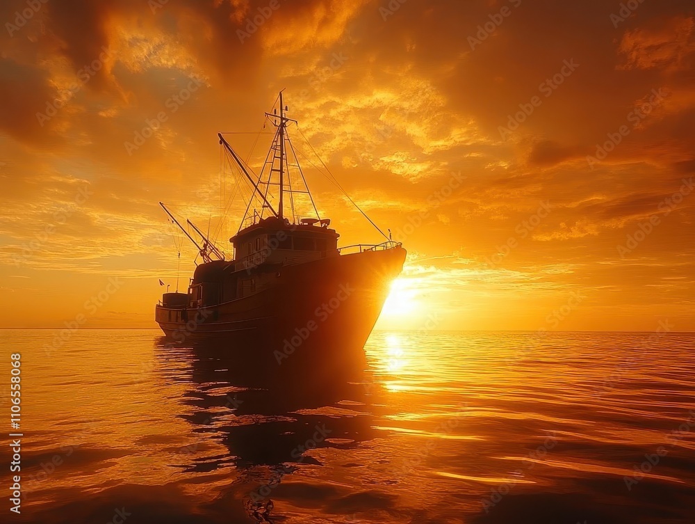 Fototapeta premium Longline vessel silhouetted against the vast open sea, golden sky, and natural serenity