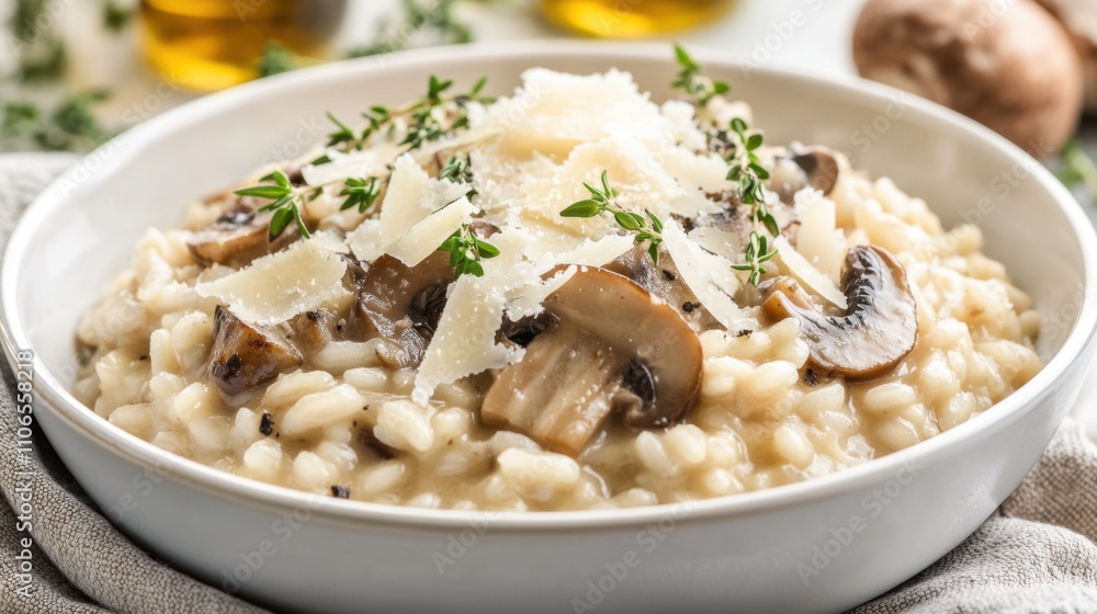 A bowl of creamy mushroom risotto garnished with shaved Parmesan cheese and fresh thyme leaves, Mushroom risotto bowl centered, Soft diffused lighting accentuating its creamy texture A bowl of creamy mushroom risotto garnished with shaved Parmesan cheese and fresh thyme leaves, Mushroom risotto bowl centered, Soft diffused lighting accentuating its creamy texture