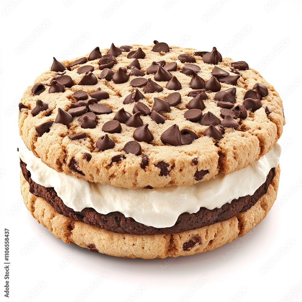 A gourmet cookie sandwich filled with cream, dessert focus, luxurious photo-realistic detail, rich textures, isolated on white background.  