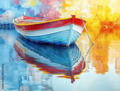 Purse seine boat anchored in a bustling harbor, colorful reflections in the water, vibrant tones photo