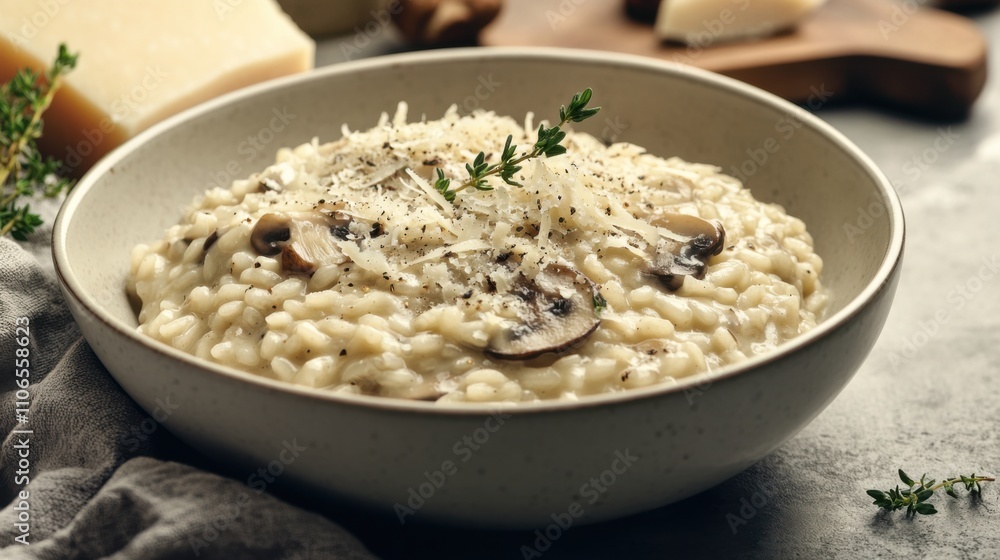 A bowl of creamy mushroom risotto garnished with truffle oil and freshly grated Parmesan cheese, Risotto bowl centered, Soft diffused lighting accentuating its rich aroma A bowl of creamy mushroom risotto garnished with truffle oil and freshly grated Parmesan cheese, Risotto bowl centered, Soft diffused lighting accentuating its rich aroma